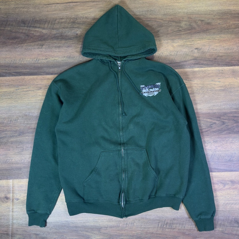 Jerzees Mens Sturgis Black Hills Rally 2008 Zip Hoodie Green XL NuBlend Vintage